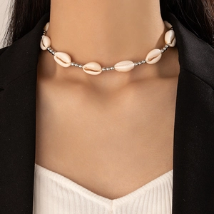 Close-up of shell and silver beads necklace worn on a model for beach style