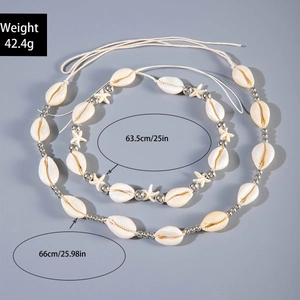 Detail view of shell beaded necklace with starfish charms and dimension measurements