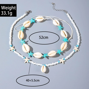 Detailed view of beaded shell necklace set with starfish charms and size parameters