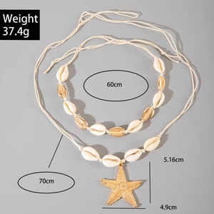 Detail view of shell beaded necklace set with starfish pendant and size measurements