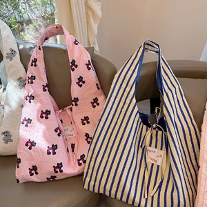 Korean style cartoon bear and floral pleated shoulder bags set for women in soft fabric