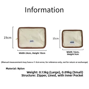 Detailed size chart for beige nylon organizer bags showing large and small dimensions