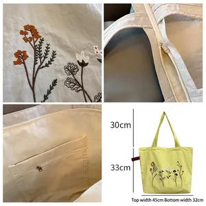 Floral embroidery nylon tote bag for women with large capacity and zipper closure