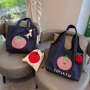 Retro denim tote bag and canvas pouch with red checkered tomato embroidery and charms