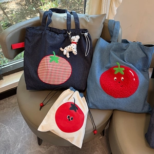Vintage denim tote bags and canvas pouch featuring cute embroidered tomato designs