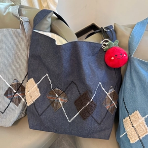 Denim canvas tote bags with patchwork embroidery and plush pendant for daily wear