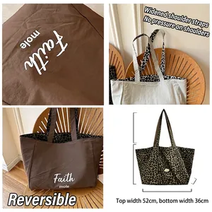 Large leopard print canvas tote bag with wide straps and double-sided faith mole design