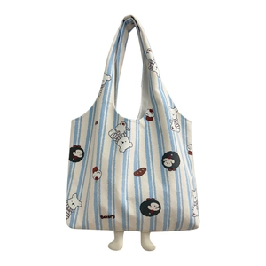 Blue and white striped canvas tote bag with cute cartoon animals and funny leg details