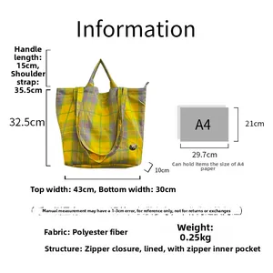 Detailed dimension guide for large checkered tote bag with dual shoulder and hand straps
