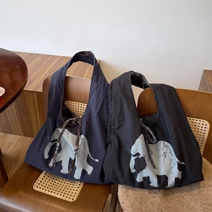 Retro plaid lined tote bag with vintage elephant print in navy and charcoal gray colors