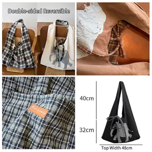 Large vintage checkered tote bag with reversible elephant print and rope closure