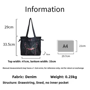 Detailed size specifications and dimensions for the black denim bow embroidery tote bag