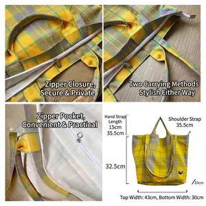 Minimalist yellow plaid tote bag with large capacity for shoulder and hand carry