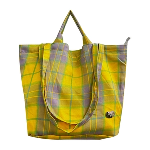 Large plaid tote bag with yellow and purple check pattern, double handle design