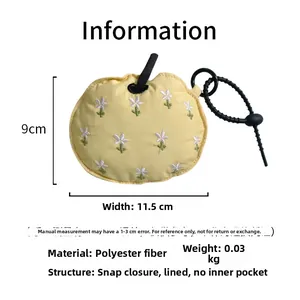 Detailed size chart for yellow apple earphone pouch with floral embroidery and snap button