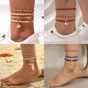 Tobilleras Multicapa de Aleación Concha Estrella de Mar Hoja Abalorios Cuerda Trenzada para Mujer Joyería de Playa de Verano