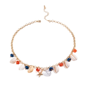 Bohemian seashell and starfish beaded necklace with golden chain for beach vacation style