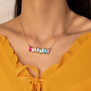 Necklace Alloy Rainbow Colorful Rhinestone Rectangular Geometric Pendant Leaf Faux Artificial Pearl Fashion Clavicle Chain Women