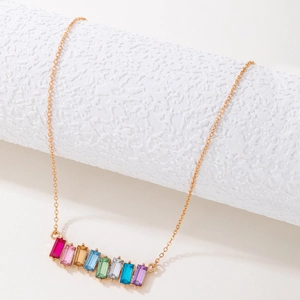Rainbow rectangle crystal pendant necklace with gold chain in minimalist style
