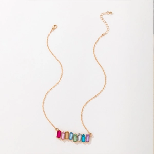 Golden necklace with eight colorful rectangular crystal pendants and lobster clasp