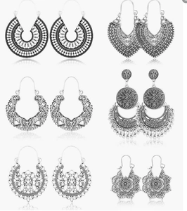 Set of six vintage silver-tone bohemian hollow earrings with floral and geometric designs