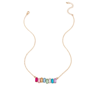 Golden necklace featuring eight rectangular rainbow crystals with lobster clasp closure