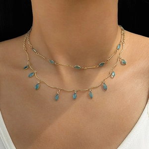 Double Layer Alloy Necklace With Marquise Rhinestone Water Drop Tassel Leaf Pendant Bohemian Jewelry For Women