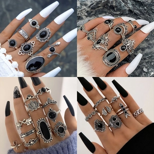 Anelli In Lega Vintage Con Pietra Preziosa Nera Stile Boho Serpente Corona Piuma Foglia Gioielli Geometrici Per Donne Uomini