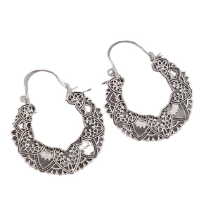 Bohemian style hollow carved metal earrings with vintage floral pattern in silver finish