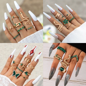 Vintage Ring Set For Women Alloy Synthetic Gemstone Snake Butterfly Heart Shapes Retro Bohemian Finger Jewelry Accessories