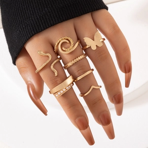 Ensemble De Bagues En Alliage Papillon Serpent Fausse Künstliche Perle Couleur Or Bijoux De Mode Bohème Géométrique Pour Femmes