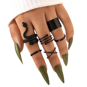 Punk black snake ring set for women featuring 6 pieces of geometric metal jewelry