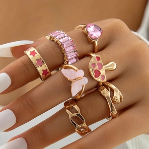 Colección de Anillos de Aleación Chapados en Oro Vintage Rosa Mariposa Corazón Estrella Champiñón Zirconia Esmalte Anillos Apilables Joyería Mujer