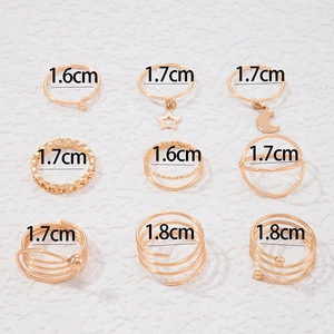 Detailed view of 9-piece rose gold ring set with size labels and varied textures