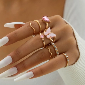 Trendy Alloy Rhinestone Rings Pink Butterfly Heart Star Mushroom Hollow Stackable Aesthetic Fashion Jewelry For Women
