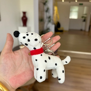 Cute spotted dog plush keychain with red collar and bell for handbag decoration