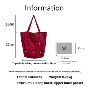 Corduroy tote bag dimensions and A4 size comparison showing internal zipper pocket