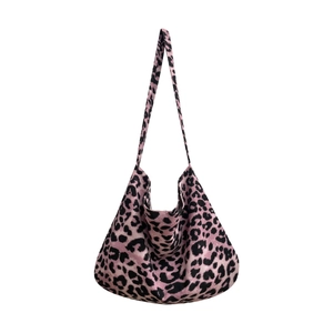Pink leopard print canvas tote bag with large capacity and soft slouchy design for women