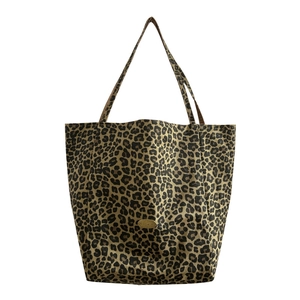 Fashionable leopard print canvas tote bag with thin straps and gold logo plate