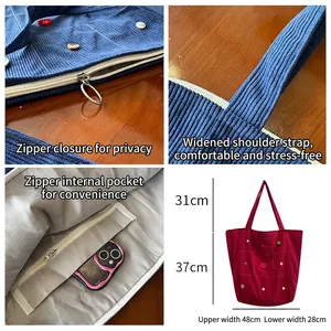 Retro corduroy tote bag in royal blue and rose pink with wide straps and large capacity
