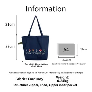 Detail view of navy corduroy tote with mushroom embroidery and interior zip pocket layout