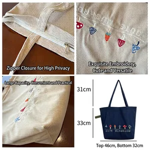 Corduroy tote bag with mushroom embroidery and top zipper closure in multiple colors