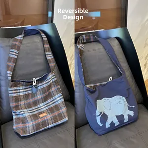 Reversible large plaid tote bag with elephant print and horn buckle for daily commute