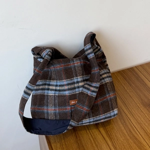 Vintage wool plaid tote bag in brown and blue for autumn daily office commuting