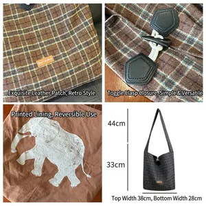Retro plaid wool tote bag with toggle closure and elephant pattern lining