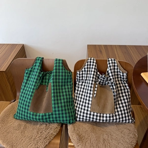 Minimalist checkerboard canvas tote bag with suede pocket and large capacity