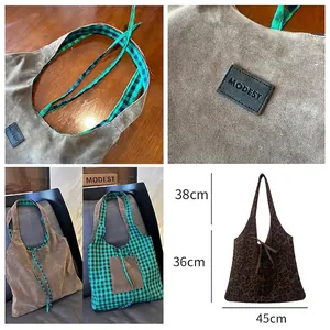 Reversible leopard and plaid suede tote bag with 45cm width and MODEST leather patch