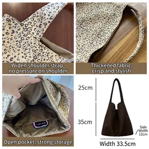 Leopard print wool fabric tote bag for women with large capacity and shoulder strap