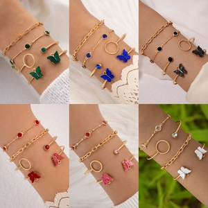 Bracelet Jonc Papillon Faux Pierre Plaqué Or Alliage Combinaison Bijoux Mode Élégant Accessoire Femme