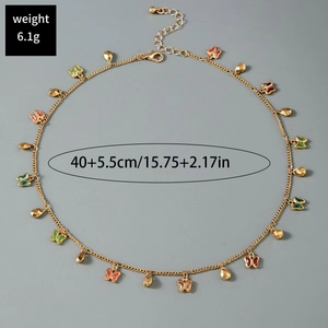 Golden clavicle chain featuring multi-color butterfly pendants and leaf charms, 40+5.5cm length